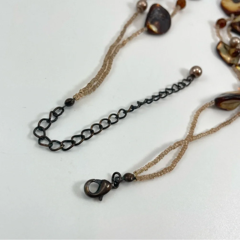 Mother of Pearl Glass Beaded Necklace Artisan Brown Tortoise Color Layer